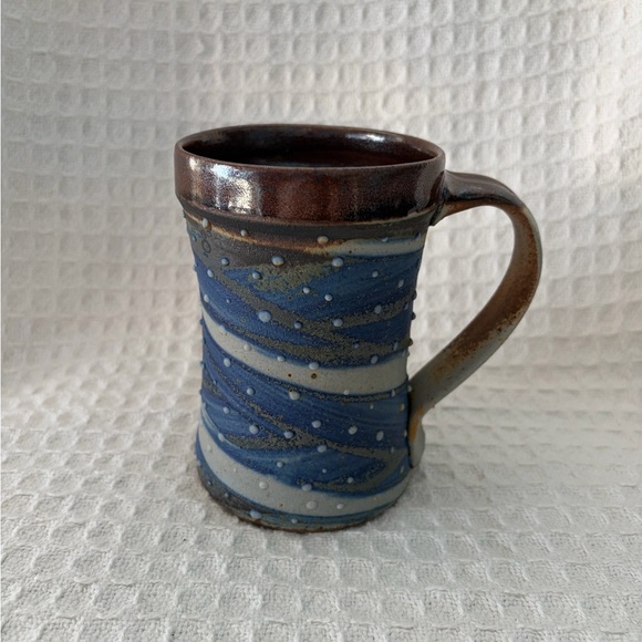 Unknown Other - Beautiful Handmade Pottery Mug In Blue, Brown & Gray With Raised Dots And Swirls
